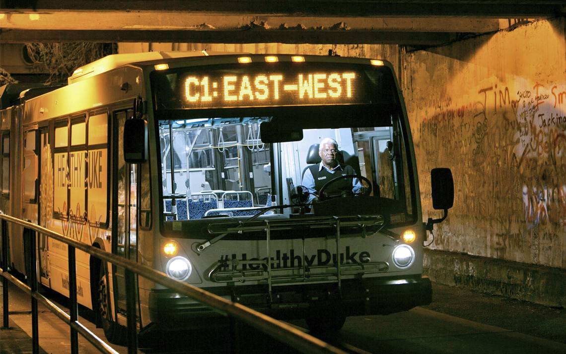 Duke bus driver William Hester pilots the C1 East-West bus through campus.