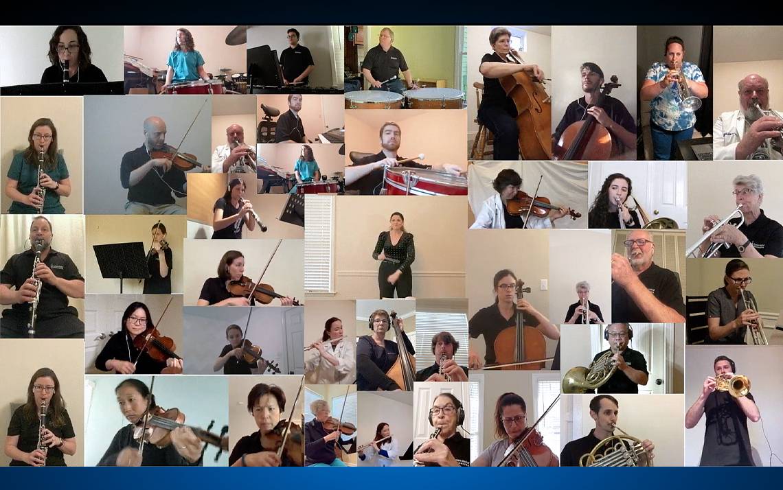 Durham Medical Orchestra Conductor Verena Mösenbichler-Bryant, center, created a video montage that shows every musician performing remotely. Photo courtesy of the Durham Medical Orchestra.