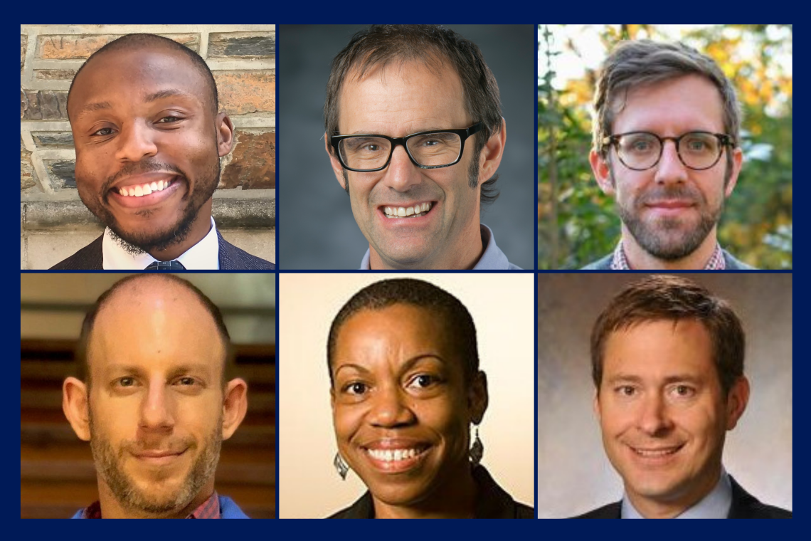 New Bass Fellows, clockwise from top left: Lamonte Aidoo, Mike Bergin, James Chappel, Joel Collier, Charmaine Royal and Harris Solomon