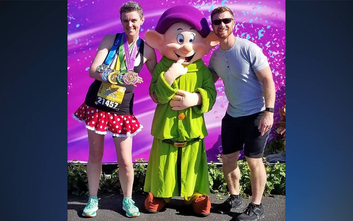 Jo Leicester, left, with Dopey and her trainer, Ryan Flannery. Leicester completed the