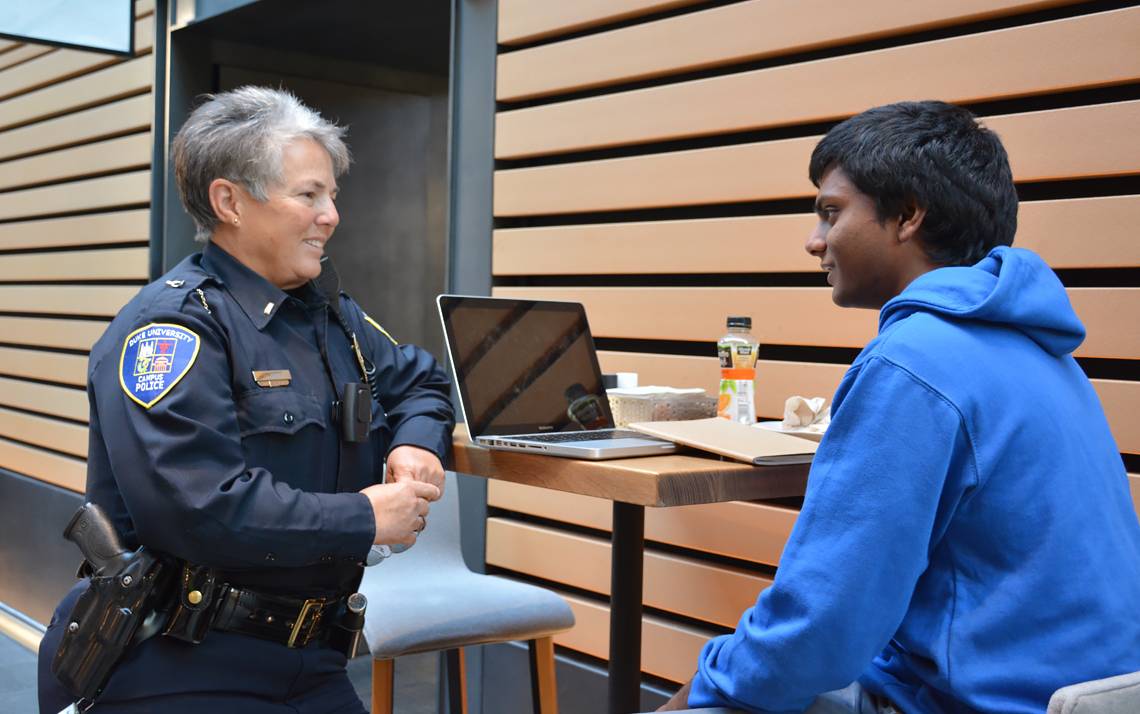 Duke Police Lt. Cindi Wood talked with first-year student Ashwin Mahendra in the West Union.