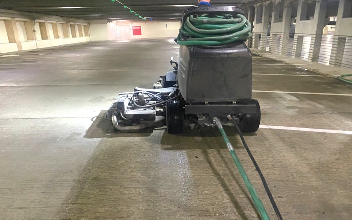 Cleanstreak uses special equipment to make a campus power washing project environmentally friendly. Photo courtesy of Duke Parking & Transportation.