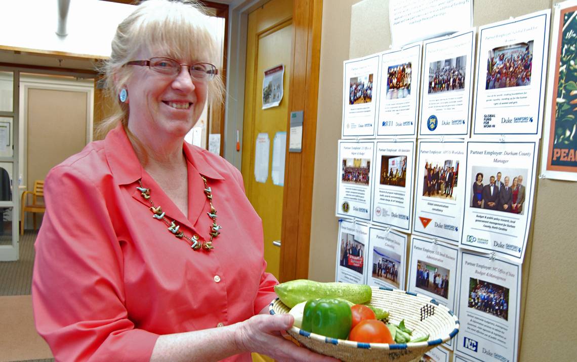 The Sanford School of Public Policy's Marion Pratt is known for occasionally bringing vegetables from her garden in for colleagues. Photo by Stephen Schramm.