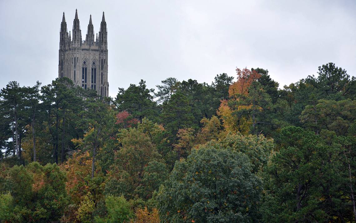 The spires of Duke University Chapel can be seen from the rooftop of Grainger Hall. Photo by Jonathan Black.