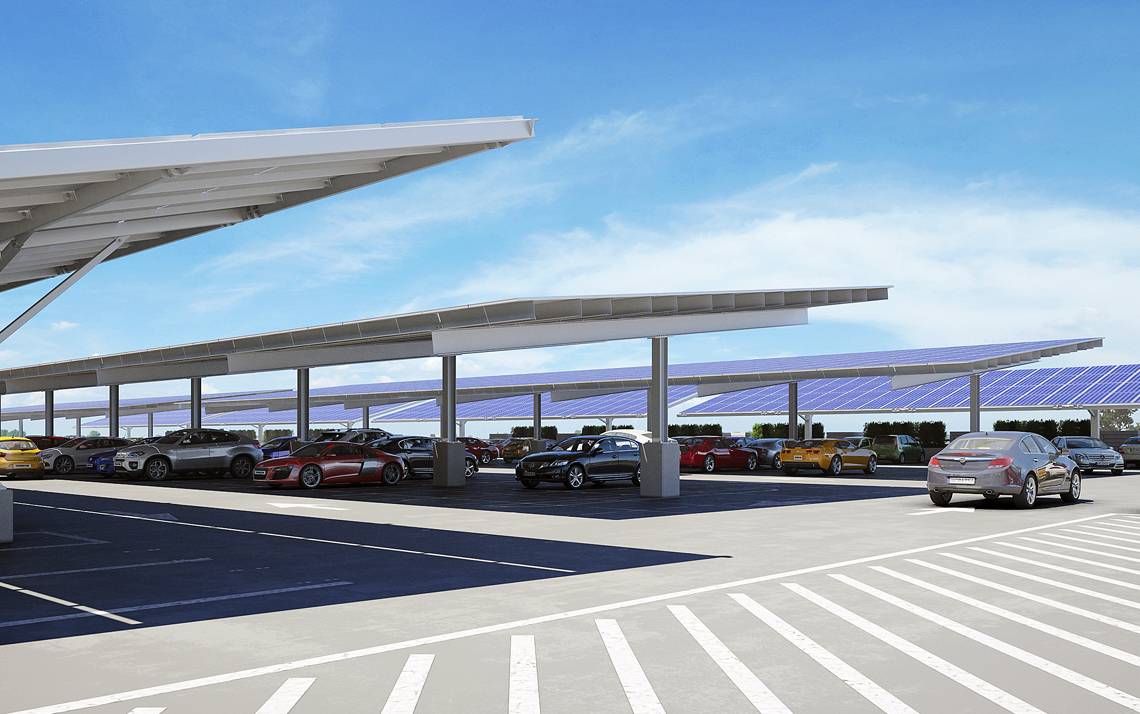 Artists' rendering of the soon-to-be-built solar panels on top of the Research Drive Parking Garage.