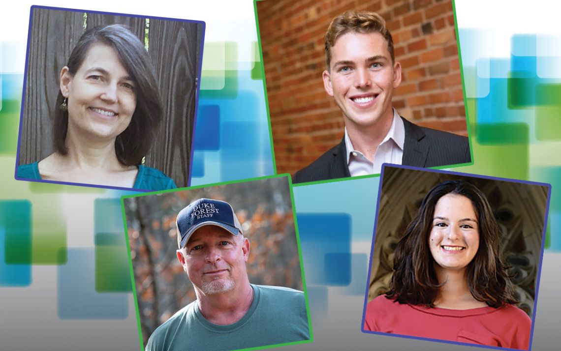 The 2022 Duke Sustainability Award winners, clockwise from top left, Rae Jean Proeschold-Bell, Carsten Pran, Ashley Rosen and Craig Hughes.