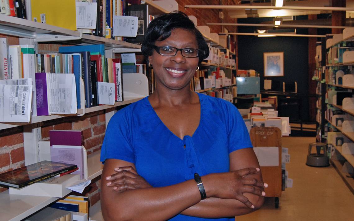 While she doesn't work at Perkins Library, Tabitha McCallop makes sure the library's shelves have what users are looking for.