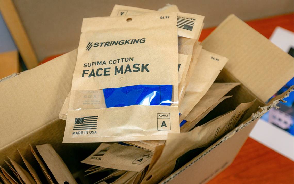 Every Duke staff, faculty and student will get three reusable masks that Duke purchased from StringKing, a sporting goods and apparel manufacturer in Los Angeles. Photo by Megan Mendenhall.