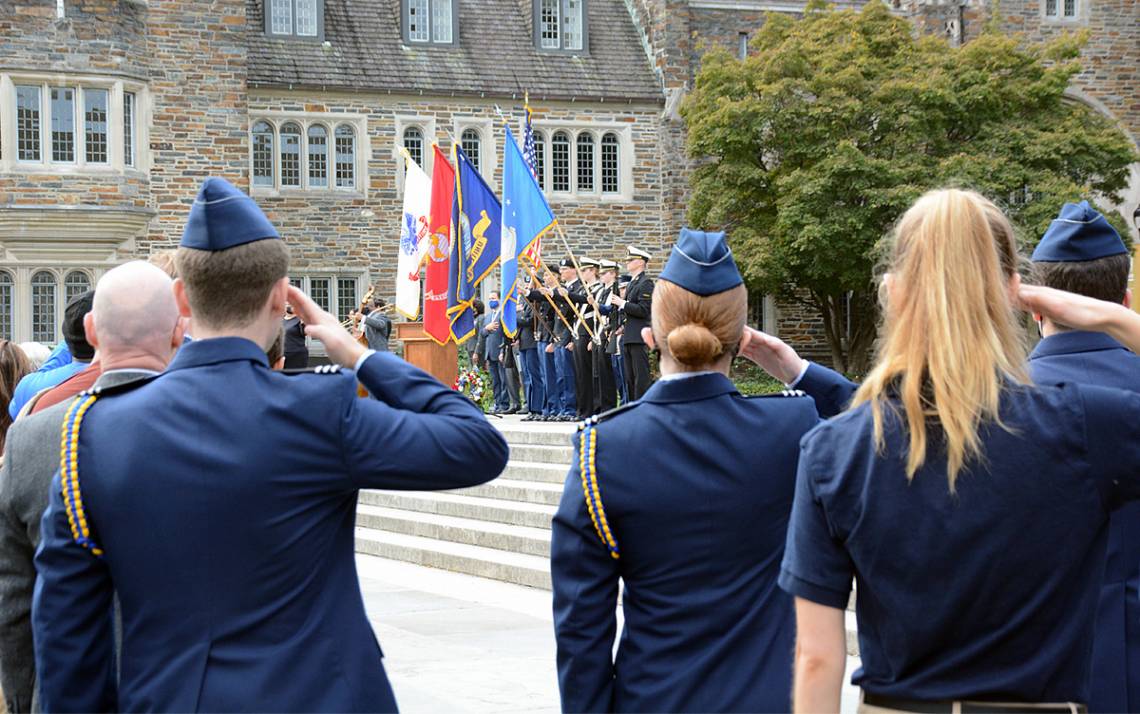 Members of Duke's Air Force ROTC salute during Thursday's Veterans Day ceremony. Photo by Stephen Schramm.