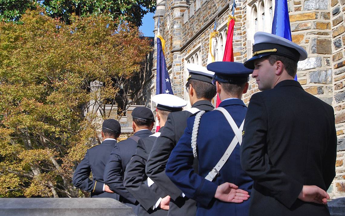 Members of Duke's ROTC units prepare to present the colors at last year's Veterans Day Ceremony. Photo by Stephen Schramm.