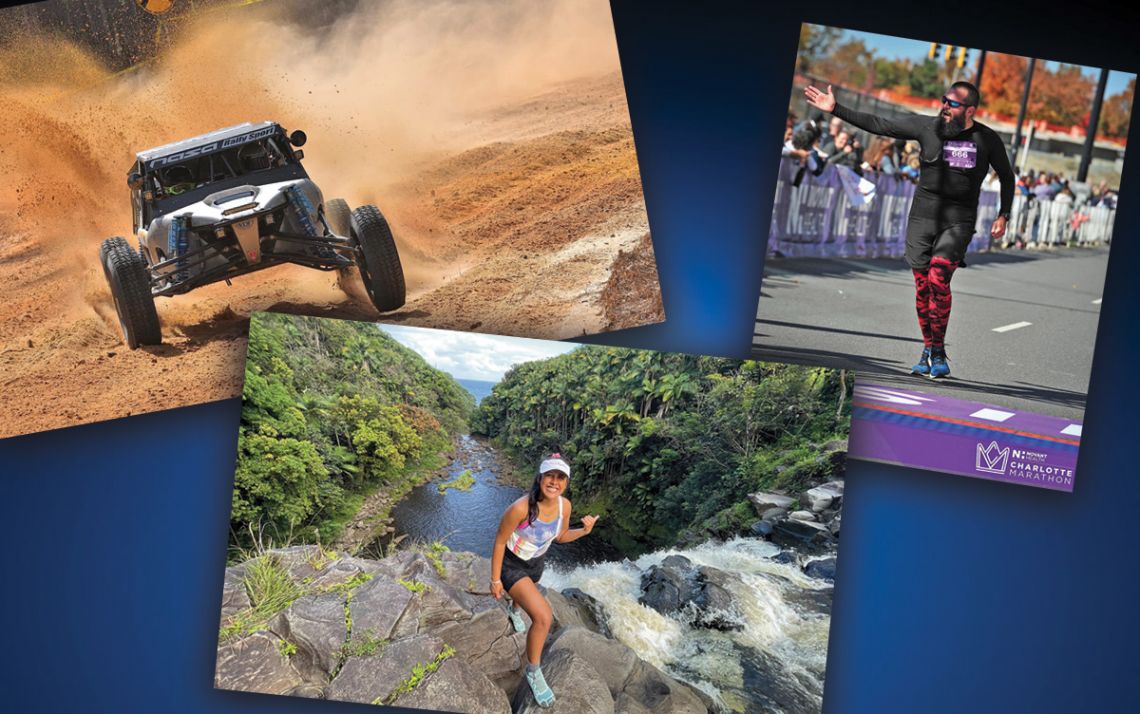 Collage of a runner, a hiker and a race car.