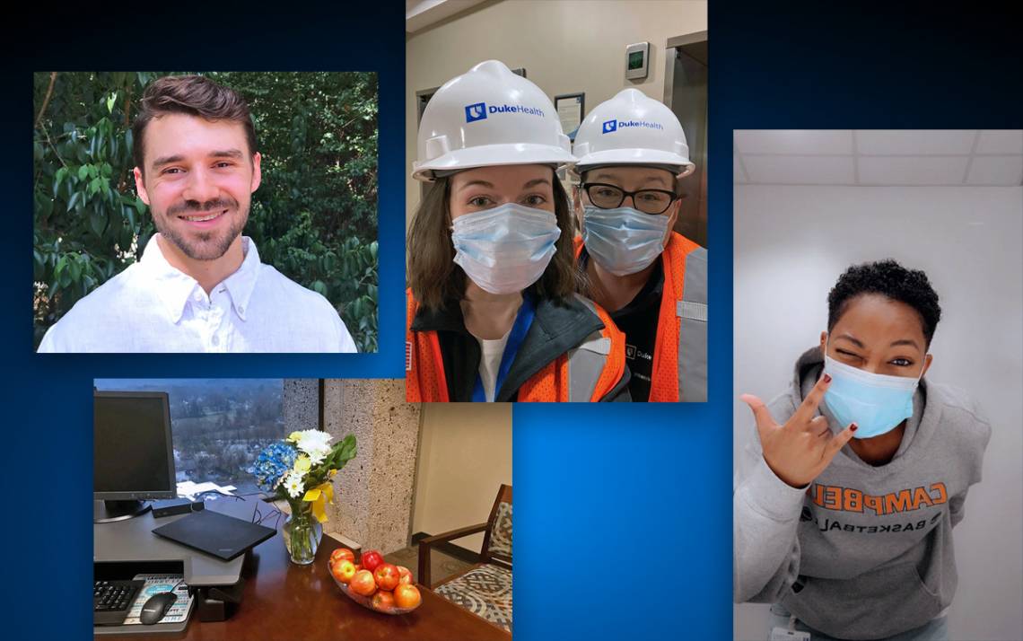 Clockwise from top left: Hal Matthews, Hope Williams and Amy Wright, Shardae Oliver and LyTonya Alexander's desk on her first day. Submitted photos.