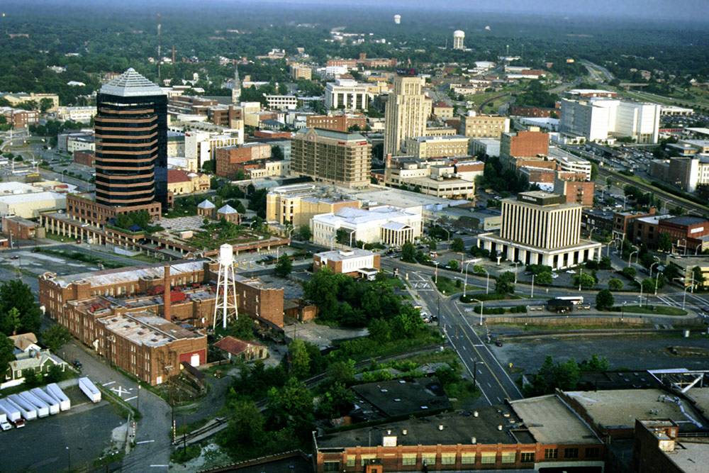 An aerial view of Downtown Durham as seen from East Durham. Photo Duke Photography