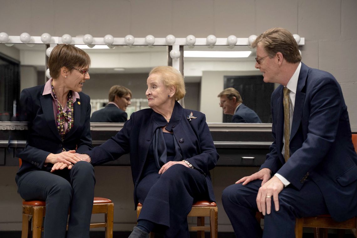 During her 2019 visit, Madeleine Albright talks with Sanford School Dean Judith Kelley and Duke President Vincent Price. Photo by Shaun King