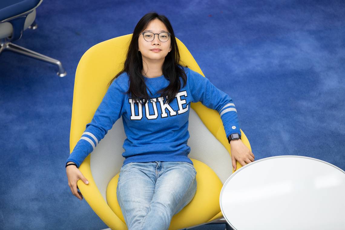 Angie Xie, a freshman at Duke University, poses for a portrait at the Innovation Building lobby at Duke Kunshan University, Thursday, Apr. 29, 2021. Xie said it is one of her favorite places on campus. (Photo/Qiling Wang)
