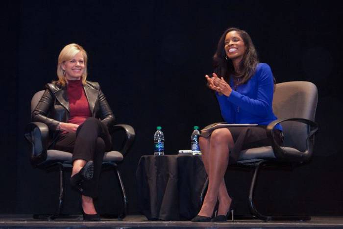 Journalist Gretchen Carlson talks with Sanford Professor Deondra Rose about taking action against sexual harassment. Photo courtesy Duke Women's Center.