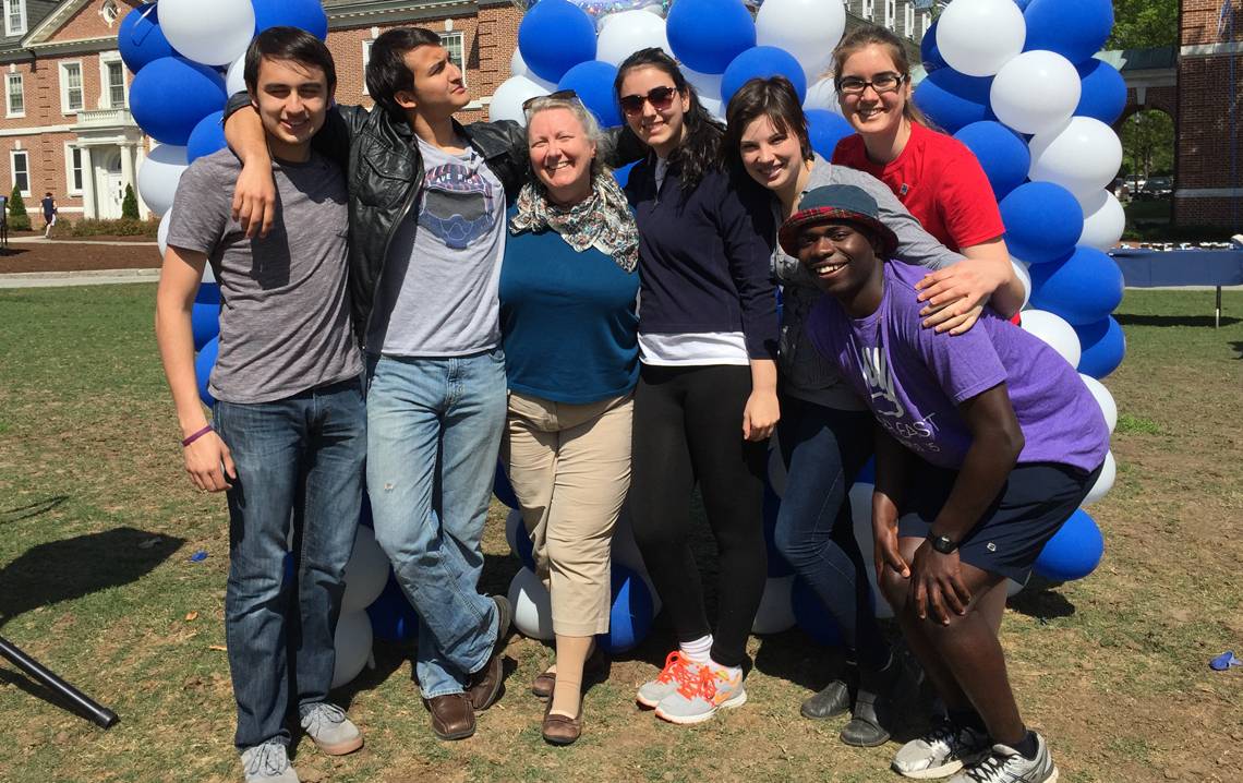Catherine Admay, center, faculty in residence for Bassett Residence Hall, poses with Bassett students, from left, Marcelo Zapata, Jimmy Root, Olivia Deitcher, Aurora Krom, Ashley Kelley and Jonathan Osei.
