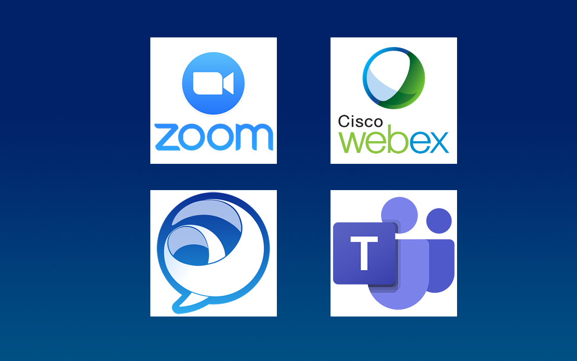 Logos of Zoom, Jabber, Microsoft Teams and WebEx.