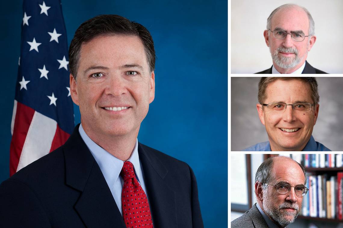 Former FBI Director James Comey, left. From top, Duke faculty members Bruce Jentleson, Peter Feaver and Christopher Schroeder
