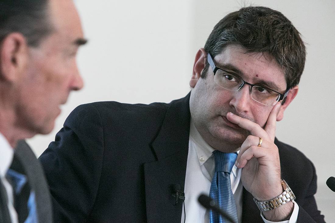 Cuban diplomat Miguel Fraga listens to Duke Professor Patrick Duddy during a discussion on US-Cuban relations. Photo by Chris Hildreth/Duke Photography