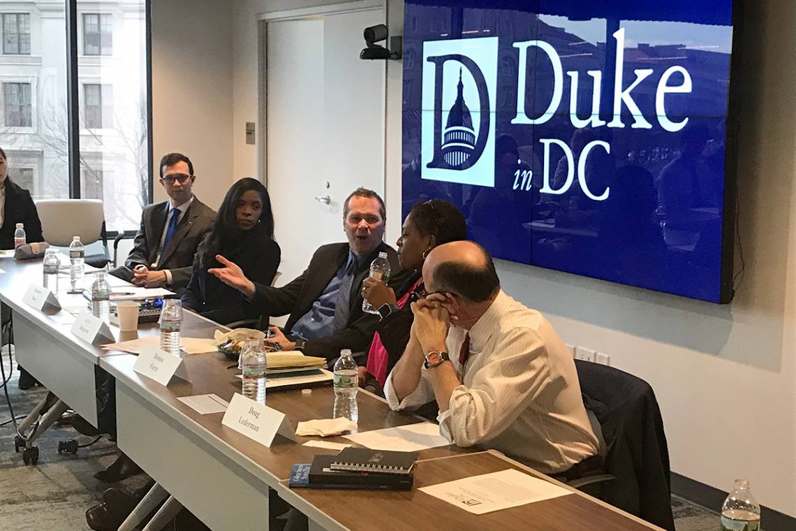 Panelist assesses upcoming changes to federal higher education policy: From left, Deondra Rose, James Bergeron, Denise Forte and Doug Lederman. Photo by Colin Colter.