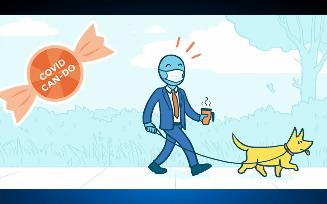 Duke's Center for Advanced Hindsight is providing simple tips to help during the COVID-19 pandemic. One is to take a walk when you normally commute. Illustration by Matt Trower.