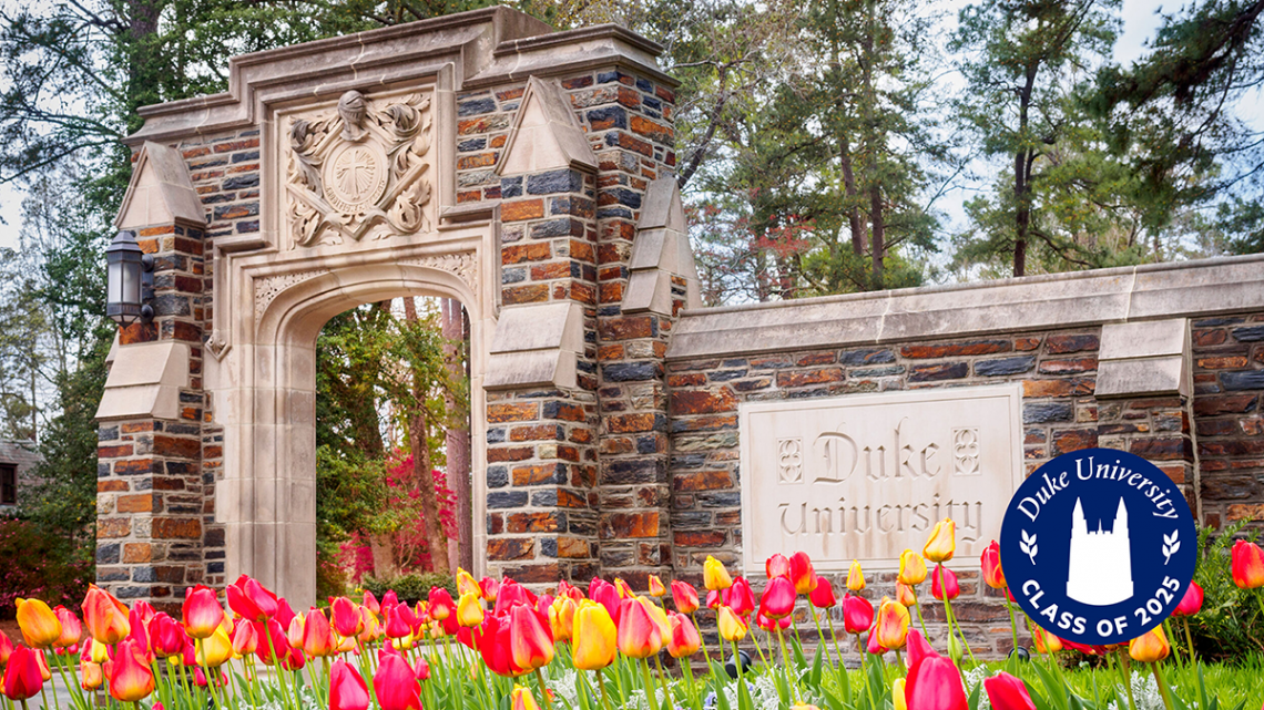 photo of tulips in bloom at the entrance to West Campus