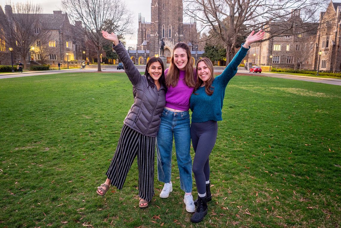 Seniors Smiti Shah, Elena Waechtler, and Alexa Burnston celebrate their LAST FDOC (first day of classes) on Duke’s West Campus