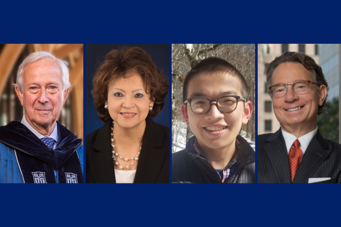 University Medalists Richard Brodhead and Janet Hill; Alumni award winners Yue Jiang and Michael Marsicano.