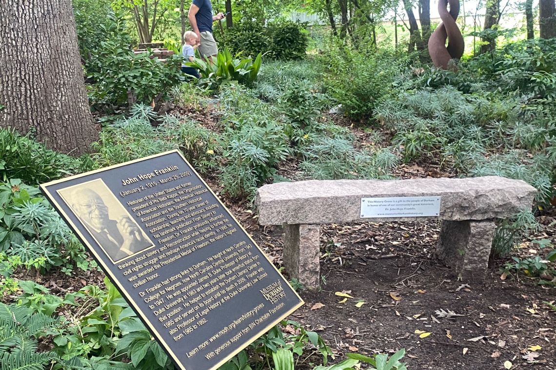 The plaque marking the Franklin history grove was placed in Central Park this past spring. Photo by Jeannine Sato.