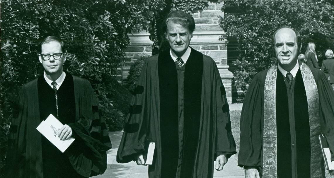 Billy Graham walking to Duke Chapel to deliver a sermon in 1973. Photo courtesy Duke University Archives.