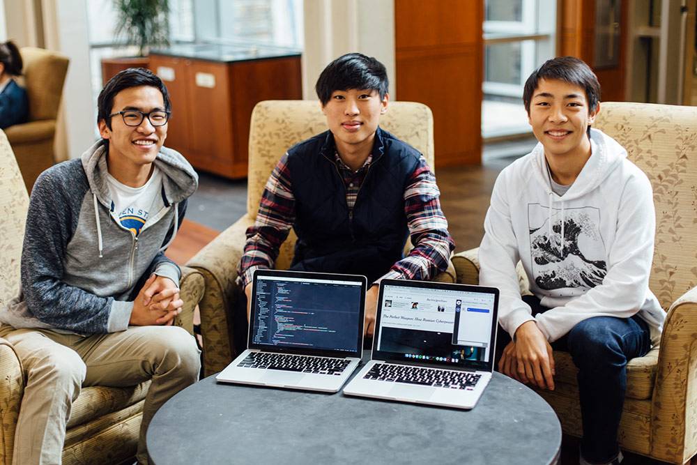 The Duke students behind Kindling, one of the winning HackDuke projects: Kevin He, Danny Oh and Alex Dao. Photo by Katie Jansen