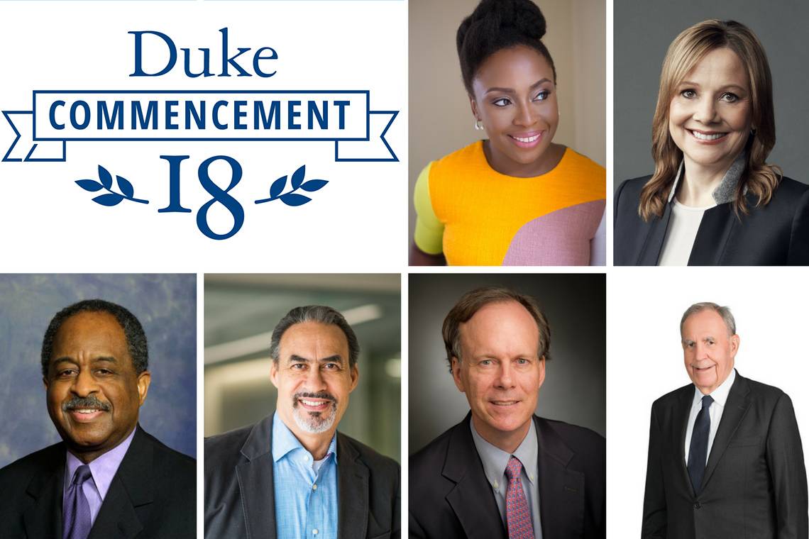 2018 honorary degree recipients: Chimamanda Ngozi Adichie; Mary Barra; William Bell; Phil Freelon; William Kaelin; and Russell M. Robinson II.