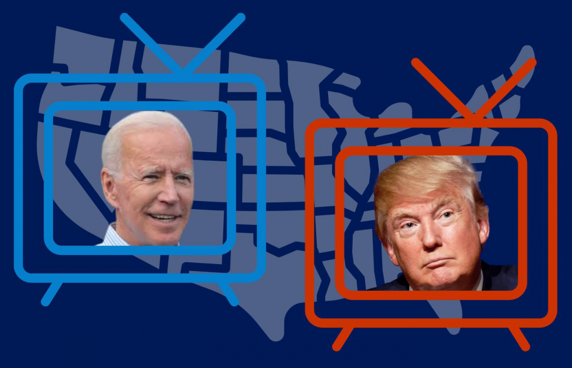 images of Biden. and Trump over a political map of the US