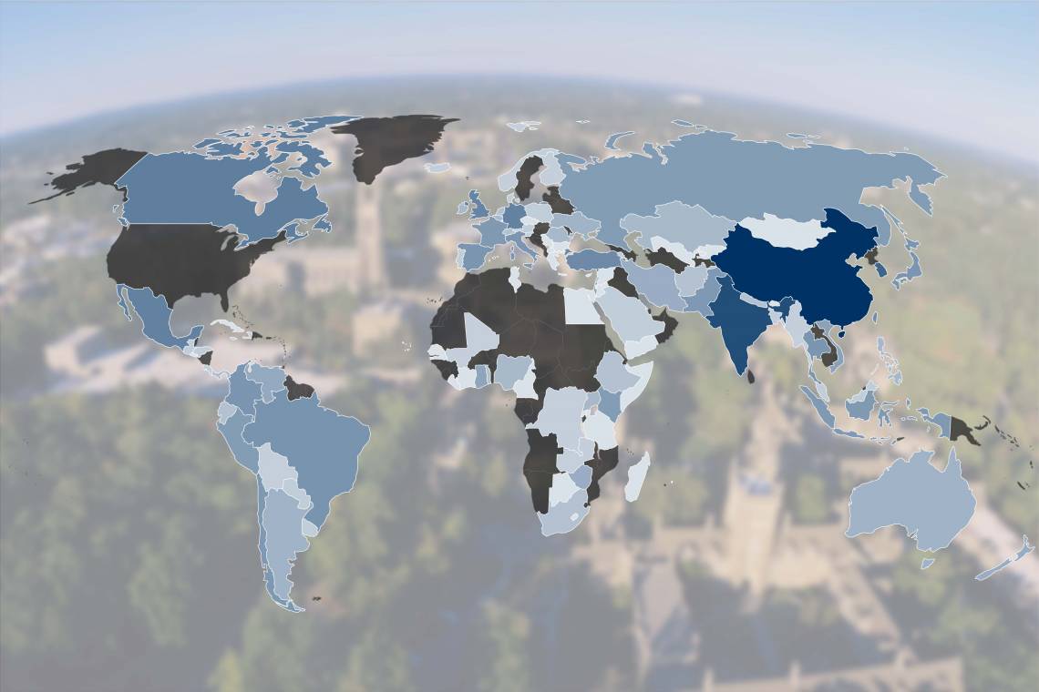 A map illustrates the diversity of countries represented in Duke's international student body. In 2017, Duke welcomed incoming international students from 109 different countries of primary citizenship.