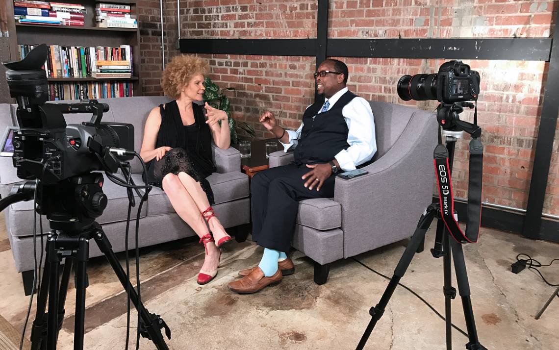 Mark Anthony Neal, right, interviews writer Michaela Angela Davis on 