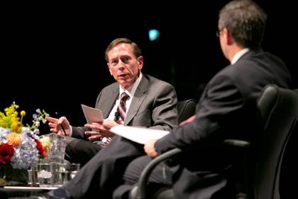 Ret. Gen. David Petraeus talks security issues with Peter Feaver Wednesday night.  Photo by Les Todd/Duke University Photography