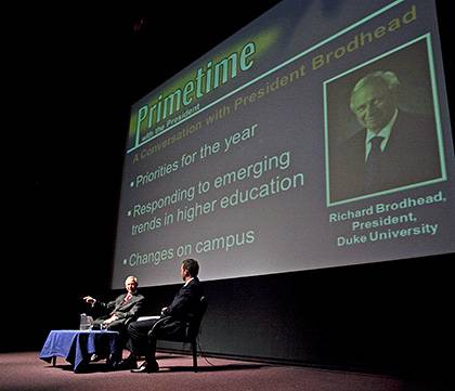 President Richard H. Brodhead discusses the Duke Forward fundraising campaign and other issues during Primetime. Photo by Megan Morr