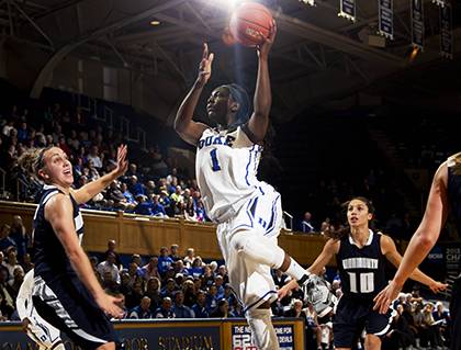 Duke employees can watch Elizabeth Williams and her Blue Devil teammates play UNC and Notre Dame for just $3 in coming weeks. Photo courtesy of Duke Athletics.