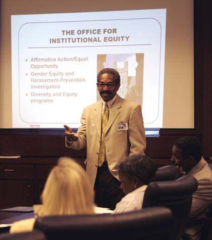 Ben Reese, vice president for institutional equity, leads a workshop about the role of his office. The Office for Institutional Equity helps to support Duke's diverse work environment. (Photo courtesy of the Office of Institutional Equity)