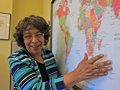 Dorothy Powell uses the map on her wall to remind herself and her students of where Duke Nursing is and where it wants to go. Photo by Marsha A. Green.