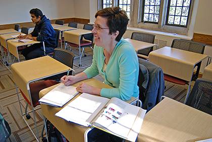 Mary Samouelian is auditing a beginning German class at Duke to prepare her for archiving materials in German. Photo by Marsha A. Green.