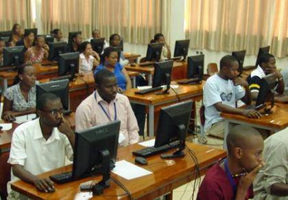 Health care workers at the Kilimanjaro Christian Medical Centre in Moshi, Tanzania take HINARI e-training in a classroom setting.