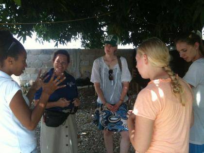 Haiti Lab affiliate Kathy Walmer, second from left, and students from Duke's Haiti Lab during a 2010 research trip to the Johanniter International Assistance Center in Leogane, Haiti. Photo Courtesy of Deborah Jenson