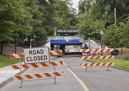 The underpass at Campus Drive that links East and West campuses is closed during the West Main Street bridge demolition. Demolition is expected to last several weeks. Photo by Megan Morr of Duke University Photography.