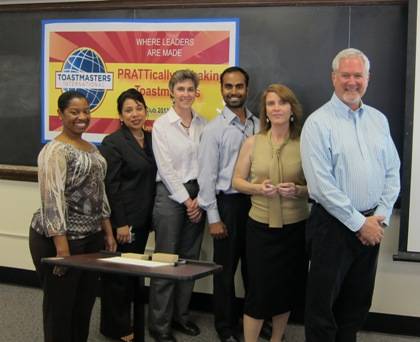 PRATTically Speaking Toastmaster Club officers, from left: Tamika Craige, Lupita Temiquel-McMillan, August Burns, Anirudh Ullal, Meg Barker, and Jim Gaston.  Photo by Marsha A. Green