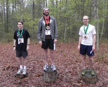 Pictured from left to right are the top male runners from 2011: David Powers (third place) from Alexandria, Va., and Duke students Joshua Strauss (first place) and Nicholas Turner (second place).  Photo courtesy of Duke Forest.