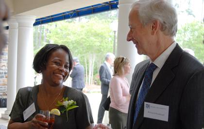President Richard H. Brodhead greets Domonique Redmond of DukeEngage and winner of a Meritorious Award. Photo by Marsha A. Green.