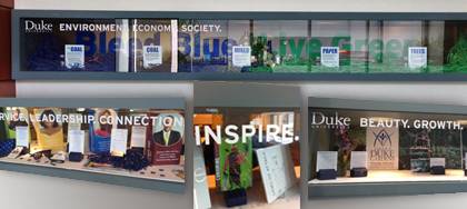 Duke has filled a dozen display cases at the Raleigh Convention Center in downtown Raleigh as a way to promote the university and showcase Duke's involvement in the region and world.