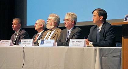 The third annual symposium for research administrators at Duke included presentations from senior leaders at Duke and other universities. From left are Kyle Cavanaugh, vice president for Duke administration; Scott Gibson, executive vice dean for administ